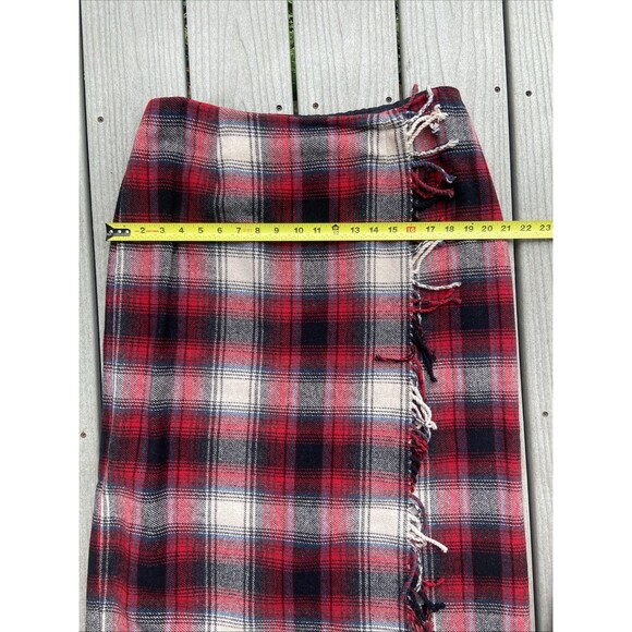 Vintage Talbots Red Plaid Wool Midi Skirt Faux Wrap Fringe Women’s 12 - Picture 7 of 16